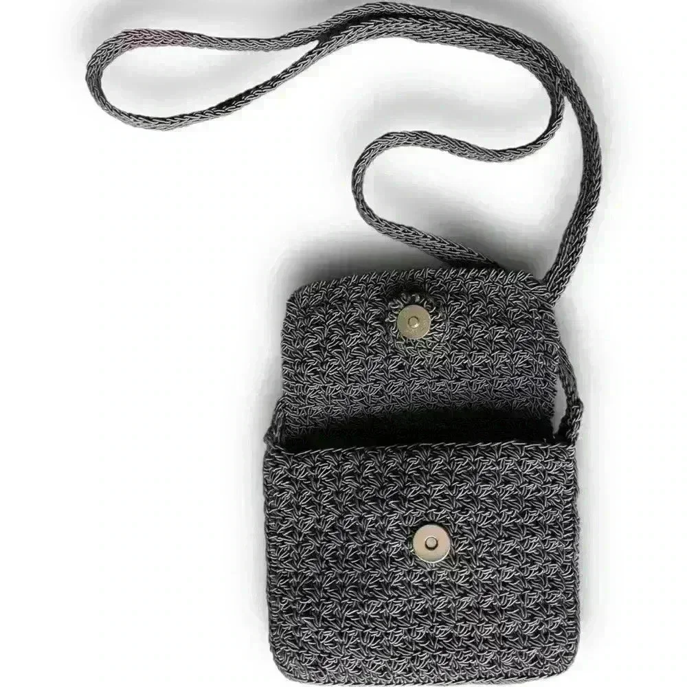 Vtg Gap Crochet Knitted Crossbody‎ Mini Purse Tote Snap Closure Flap Woven Grey - Picture 7 of 11